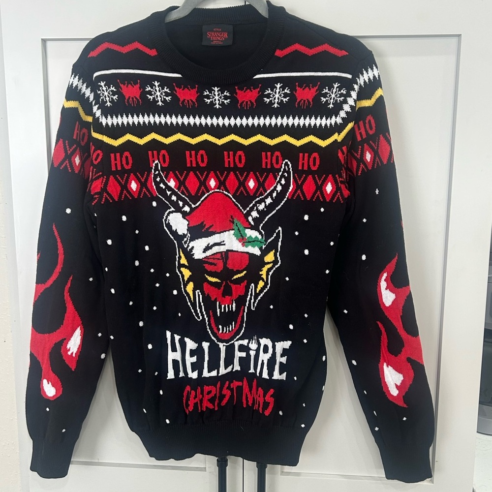 Netflix Hellfire Christmas Sweater - Black, Red, Yellow stranger Things
